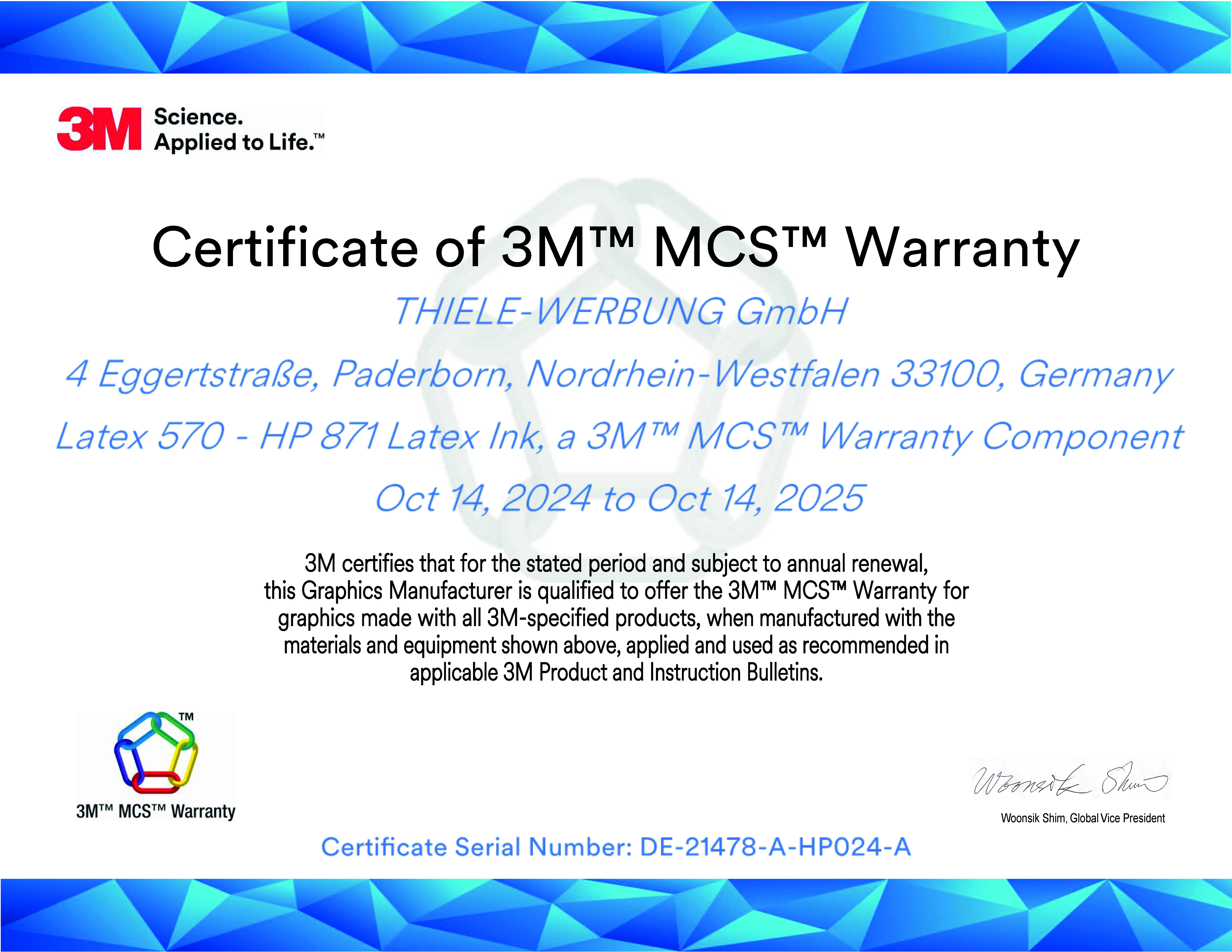 3M MCS Warranty Zertifikat